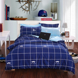 蓝色美式四件套田园风床上用品纯色简约格子被套1.5/1.8M床单秋季
