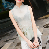16夏装新品 中国风复古真丝刺绣中式民族风立领无袖上衣女装衬衫