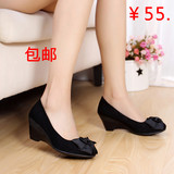 正品老北京布鞋女鞋坡跟黑色女单鞋蝴蝶结高跟时尚工作鞋34-41码