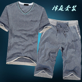 夏季短袖T恤男V领棉麻宽松运动套装夏天亚麻短裤五分裤子衣服一套