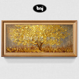 金色纯手绘发财树油画立体现代客厅风景装饰画欧式玄关抽象有框画