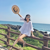 韩版宽松镂空蕾丝衫罩衫娃娃衫上衣喇叭袖女装韩国东大门白色夏季