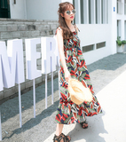 韩国代购2016夏装新款波西米亚沙滩裙吊带碎花雪纺连衣裙印花长裙