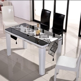 高档现代简约时尚饭桌拉丝铝合金镶边黑橡贴木皮钢化玻璃面长餐桌
