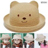包邮儿童盆帽小熊造型帽草帽遮阳太阳帽1-2岁一周岁半宝宝帽男女