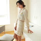 2015韩版春装新款蕾丝灯笼袖V领女装公主裙长袖OL气质连衣裙胸花