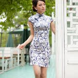 青花瓷 改良中式时尚复古重磅真丝短款旗袍裙 高档丝绸桑蚕丝旗袍