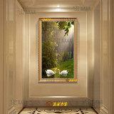 纯手绘有框油画欧式简约现代客厅玄关装饰画天鹅湖树林风景DLA067