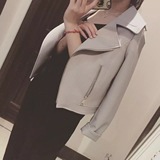 韩国订单！2015秋装女式机车大翻领显瘦纯色夹克衫韩版短外套上衣