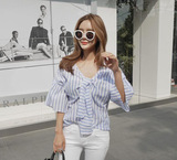 韩国蝴蝶结系带竖条纹v领喇叭袖五分袖衬衫女式衬衣百搭显瘦上衣