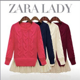 zara2013秋冬新款女装 麻花假两件雪纺拼接套头毛衣外套 加厚毛衫