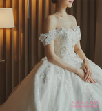 2016新款宫廷公主一字肩婚纱礼服新娘长拖尾奢华大码花朵夏季韩式