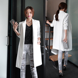 2016春装新款白色气质小西装女中长款韩版宽松长袖女士西服长外套