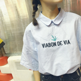 夏装韩版新款学院风百搭学生女装直筒翻领套头棉短袖刺绣字母衬衫