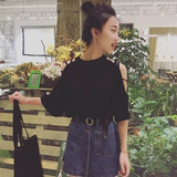 夏装韩国chic学院风镂空露肩纯色tee 性感短袖T恤女韩范学生上衣