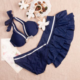 韩国设计 聚拢钢托 深蓝 性感比基尼裙式三件套 温泉泳衣 女泳装