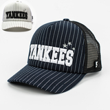 MLB棒球帽正品代购夏天蓝白条纹YANKEES鸭舌帽嘻哈情侣透气网帽子