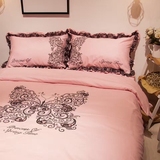 纯棉公主绣花四件套粉色蕾丝包边被套床单蝴蝶款韩版全棉床上用品