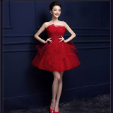 新款红色裙短款蓬蓬裙收腰钉珠抹胸绑带显瘦婚纱礼服伴娘服敬酒服