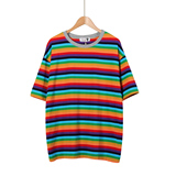 2016韩国夏季女装纯棉撞色彩虹条纹中长款体恤衫宽松大码短袖T恤