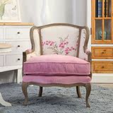 美式乡村实木雕花沙发法式个性时尚印花老虎椅新古典做旧单人沙发