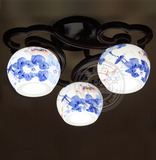 中式陶瓷灯具吸顶灯三头手绘青花瓷实木餐厅灯如意卧室灯古典灯具