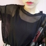 夏装韩国宽松显瘦纯色镂空套头网衫罩衫 薄款透视针织衫T恤衫 女