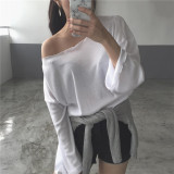 夏季韩国慵懒风宽松随性小性感露肩罩衫百搭显瘦舒适长袖T恤女潮