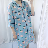 韩国新款衬衫式睡衣女麻棉中长款水果印花短袖甜美睡裙简约家居服