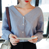 2016春夏新款韩版气质OL单排扣V领细条纹衬衫宽松显瘦休闲衬衣女