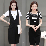2016夏新款韩版背带裙减龄短袖圆领两件套条纹显瘦修身连衣裙子潮