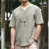 夏季民族中国风男装薄款亚麻短袖T恤中式复古刺绣V领体恤青年上衣