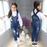 童装2016秋装新款韩版女童长袖打底衬衫儿童牛仔背带裤两件套装潮