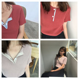夏季韩国复古拼色纽扣宽松圆领短袖针织T恤简约小女人气质上衣女