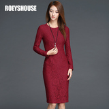 罗衣原创冬装新款圆领镂空蕾丝枣红色修身显瘦打底连衣裙女EF5417