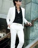 男士韩版白色西装套装纯白色西服男加大码外套结婚服伴郎服有裤子