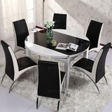 白色烤漆多功能伸缩餐桌圆桌黑色钢化玻璃长桌伸缩拉台餐桌椅组合
