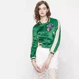 KEN*O明星同款个性绿色缎面撞色棒球服女短外套韩版修身夹克上衣