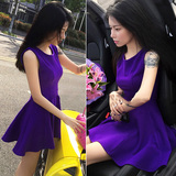 2016夏季新款韩系时尚气质弹力大摆背心裙子高腰显瘦紫色连衣裙女