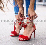 MUCO海外代购Aquazzura Wild Thing 麂皮流苏红色高跟凉鞋9.5CM跟