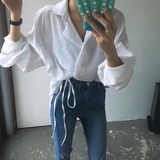 韩国代购x2正品夏装细条纹棉麻绑带超美腻蝙蝠袖衬衫女装 防晒衫