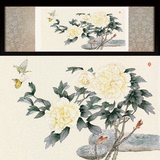 国色天香国画 牡丹花丝绸画 竖版卷轴挂画 复古装饰画出国送礼