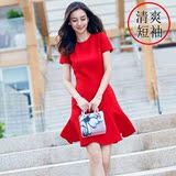 香港zara代购礼服短裙angelababy同款短袖鱼尾裙荷叶边红色连衣裙