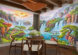 3D立体无缝大型山水风景油画聚宝盆办公室客厅壁画中式墙纸迎客松