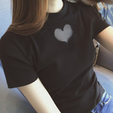 夏季新款韩版爱心镂空网纱拼接短袖T恤女修身显瘦体恤打底衫上衣
