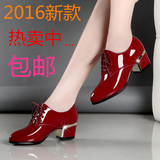 2016春新款皇 百丽迪漆皮女鞋英伦中跟尖头系带粗跟深口女单鞋女