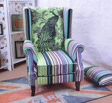 美式乡村沙发单人椅孔雀绒布椅单人布艺房间小户型形象拍照老虎凳
