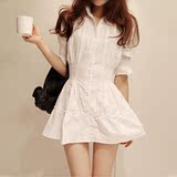 韩版2016夏季白色修身短袖衬衣衬衫连衣裙女中长款显瘦A字蓬蓬裙