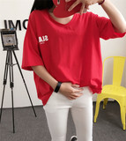 韩版夏裝大码v领宽松显瘦字母简约学生红色短袖T恤女韩范中长款潮