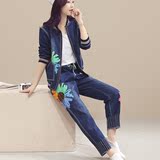 2016秋季新款韩版时尚休闲棒球服印花长裤两件套潮显瘦牛仔套装女